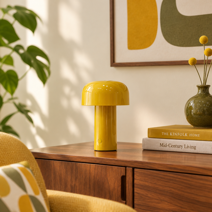Glossy yellow mushroom lamp on a walnut sideboard beside a green vase and stacked books 1