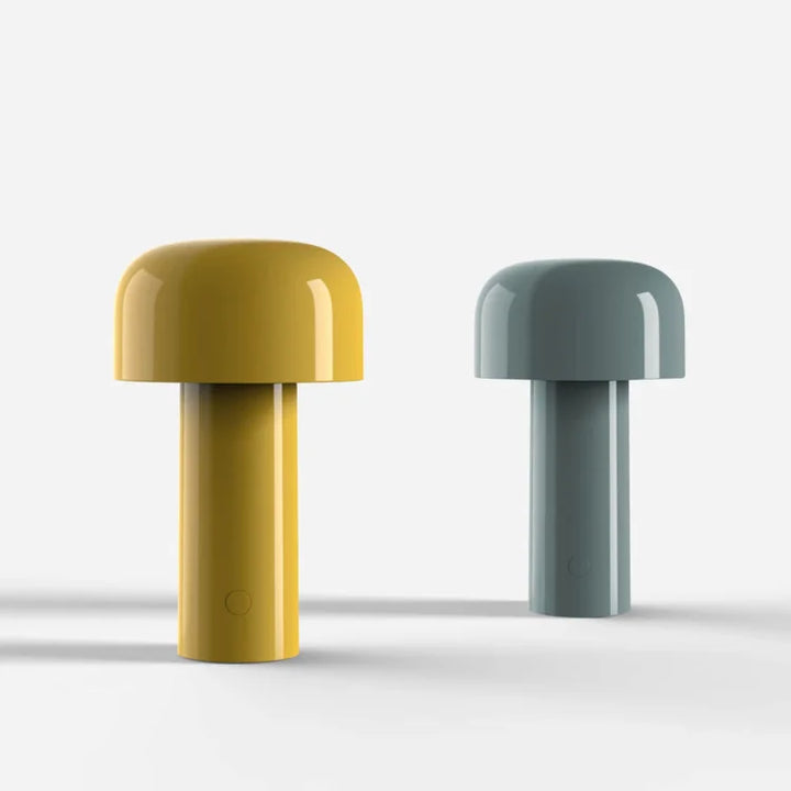 Yellow and blue-gray mushroom lamps side by side on a plain light background 15