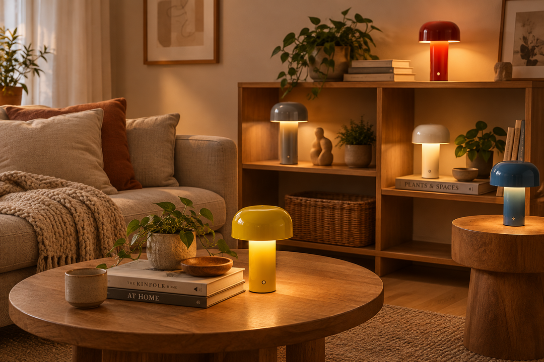 Five glossy mushroom-shaped lamps glowing in a cozy living room, one yellow lamp on a round coffee table 1