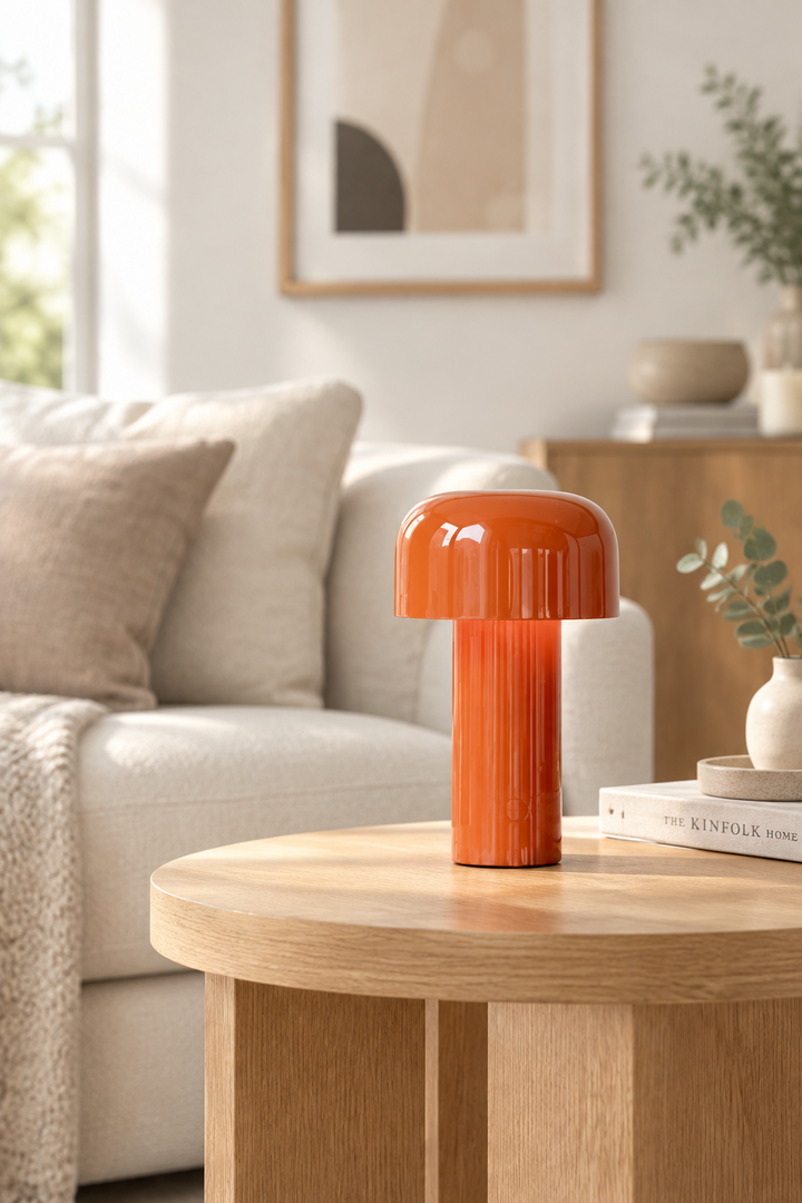 Glossy orange mushroom lamp on a round oak side table beside a cream sofa 1