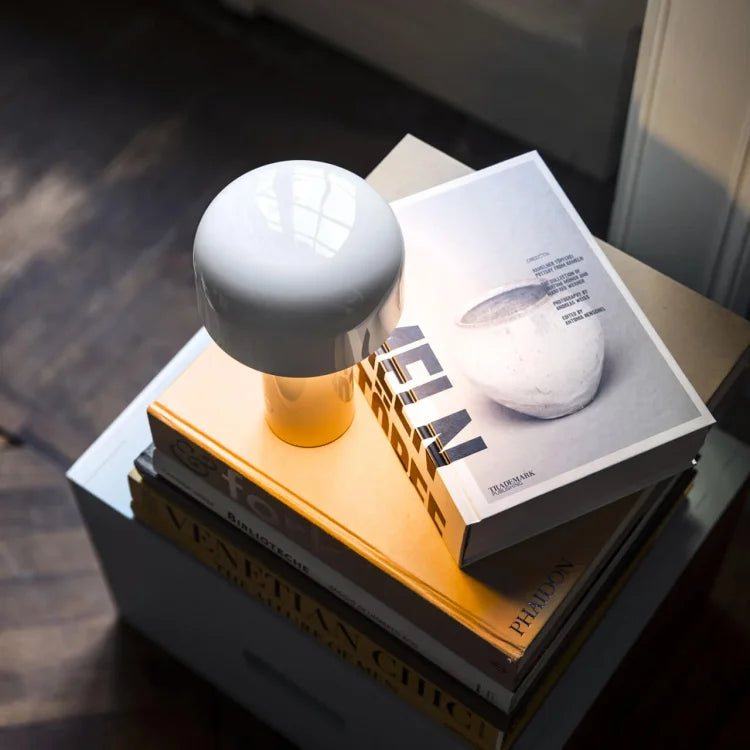 White glossy mushroom lamp glowing warmly on a stack of art books beside a window 21