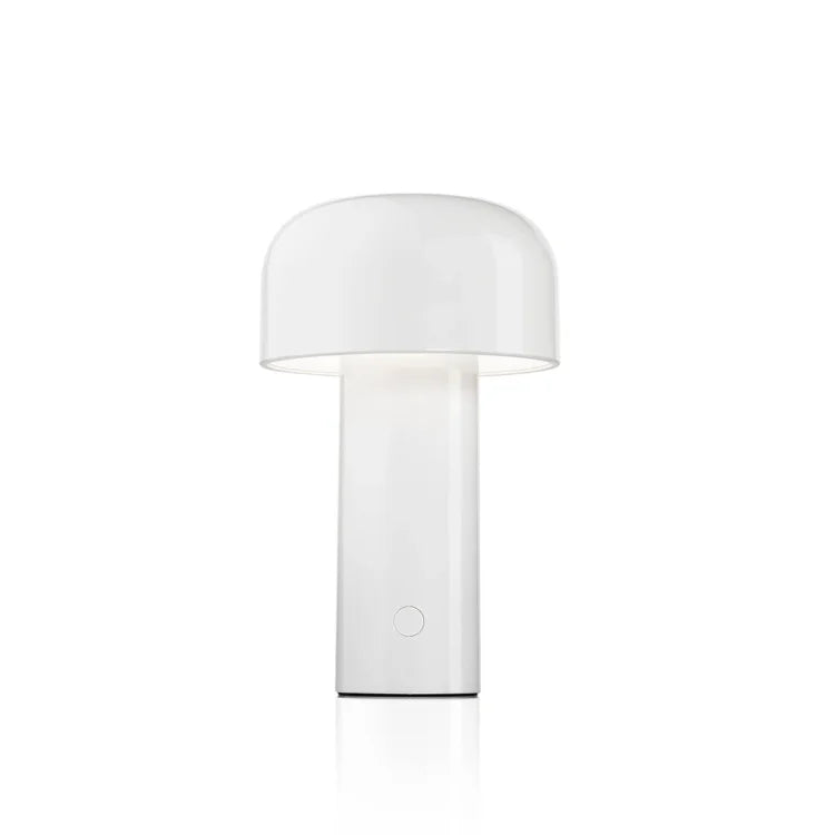 White mushroom-style lamp on a plain white background, with the round touch button near the base 2