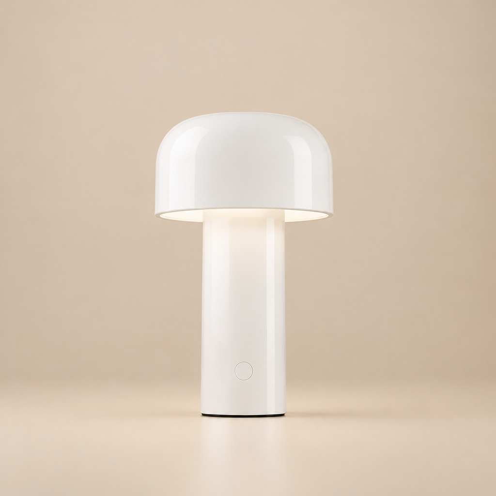 Glossy white lamp lit on a beige background, with a round power button on the base 28