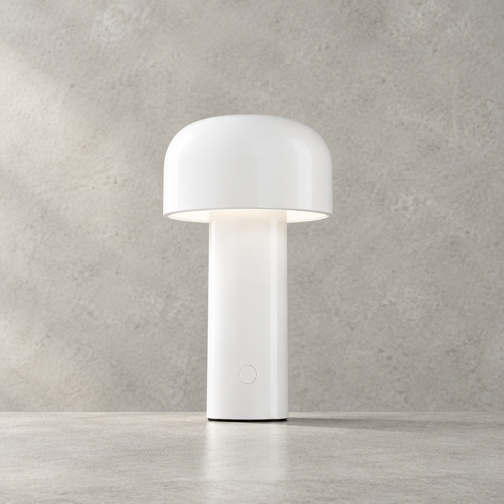 Glossy white lamp with dome shade and round touch button on its base, lit on concrete 28
