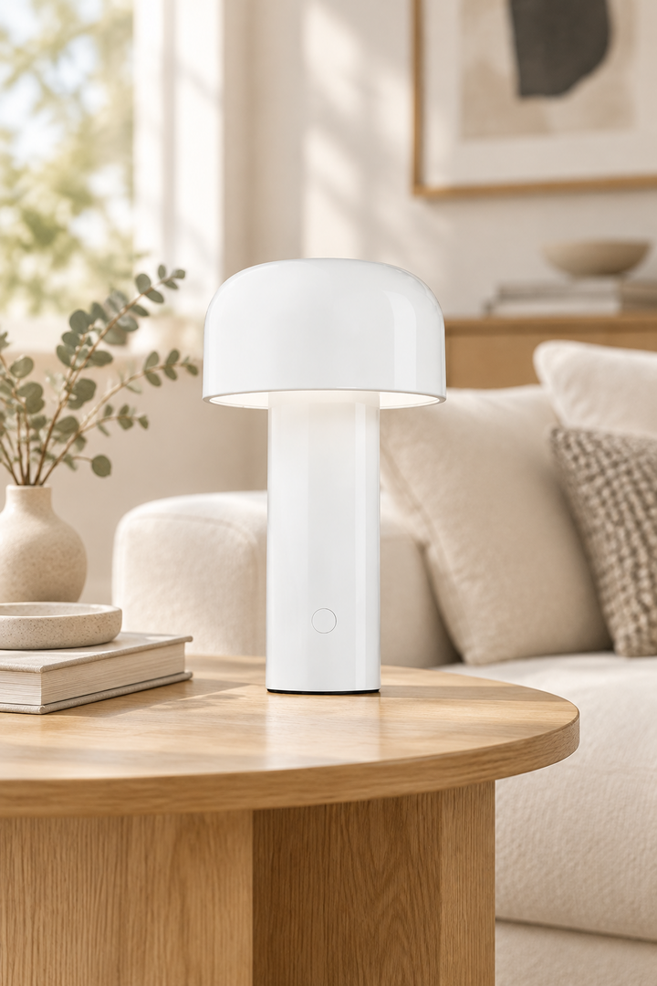 White mushroom lamp with a round touch button on its base, on a wooden coffee table in a living room 28