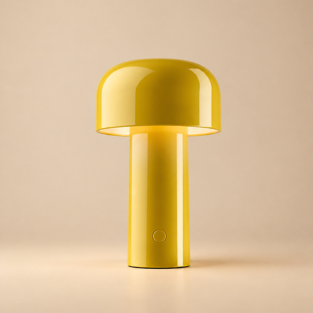 Glossy yellow lamp glowing on a beige background, with a round button on the stem 31