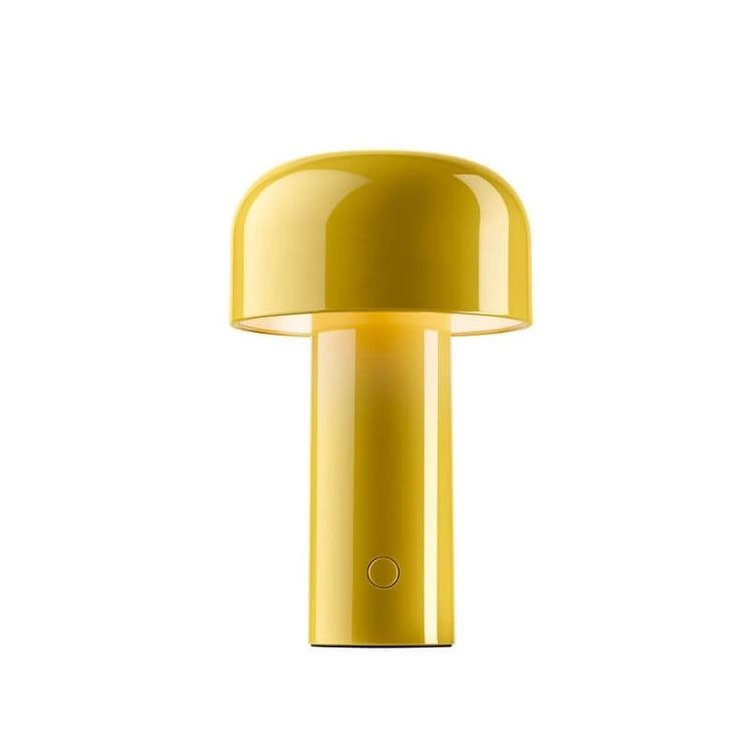 Glossy yellow mushroom lamp on a white background, with a soft glow under the dome 5