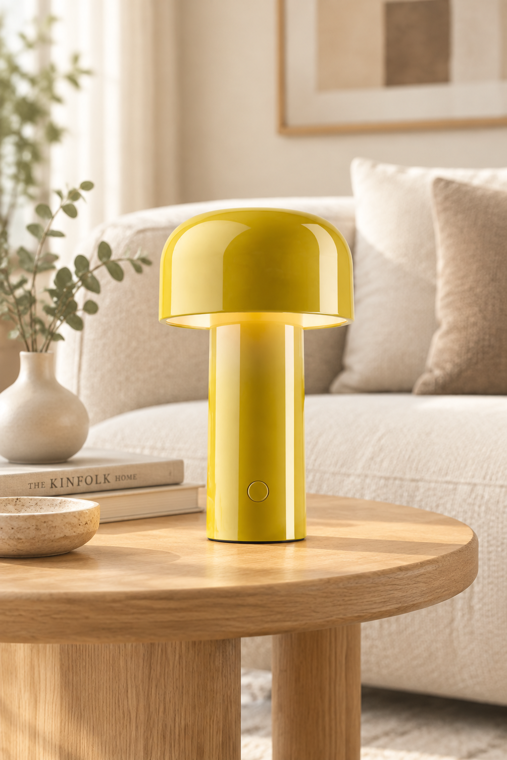 Glossy yellow mushroom lamp glowing on a round wooden table beside a sofa and ceramic bowl 29