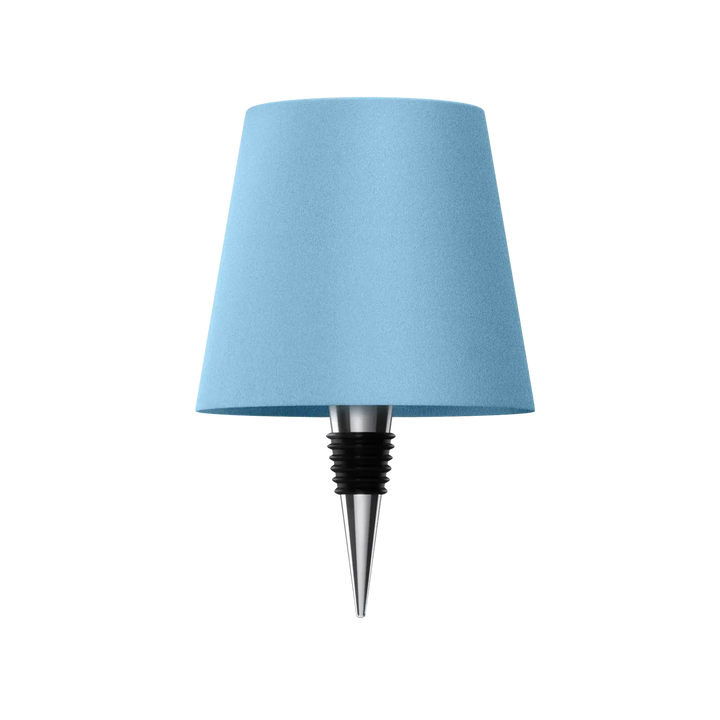 Light blue bottle lamp with a chrome and black rubber bottle stopper on a white background.