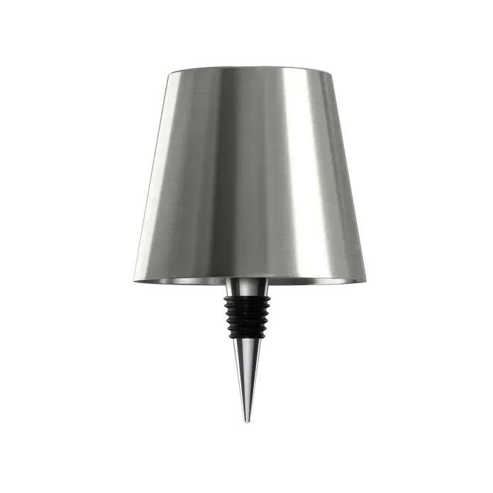 Silver bottle lamp with a chrome and black rubber bottle stopper on a white background.