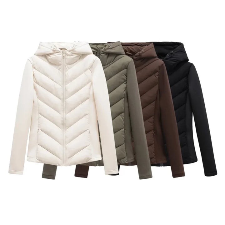 Women's lightweight padded winter jacket with hood in white, shown with other colours.