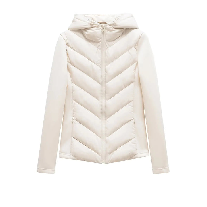 Women's white hooded padded winter jacket, flat lay with zipped front and drawstring hood.