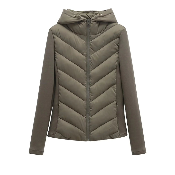 Women's olive green hooded padded winter jacket detail with chevron quilting.