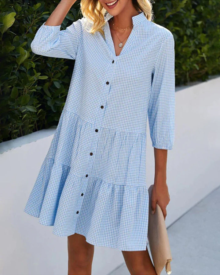 Light A-line summer dress with check pattern – Juliette-Blue-S-Nora Luxe