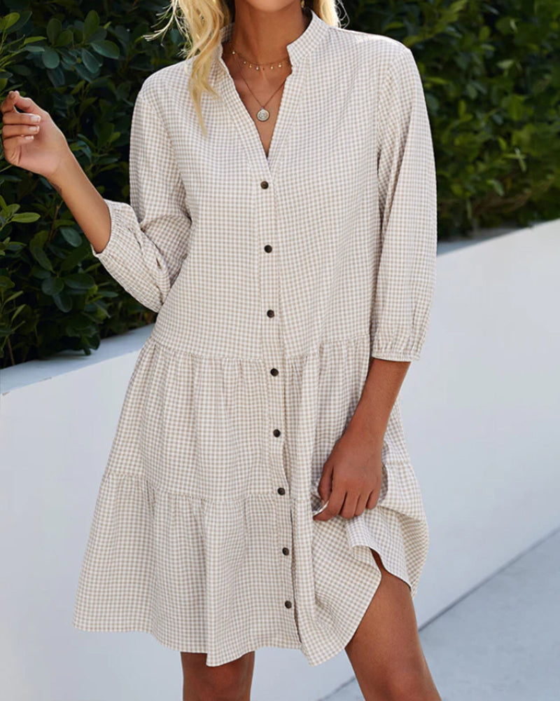 Light A-line summer dress with check pattern – Juliette-Khaki-S-Nora Luxe