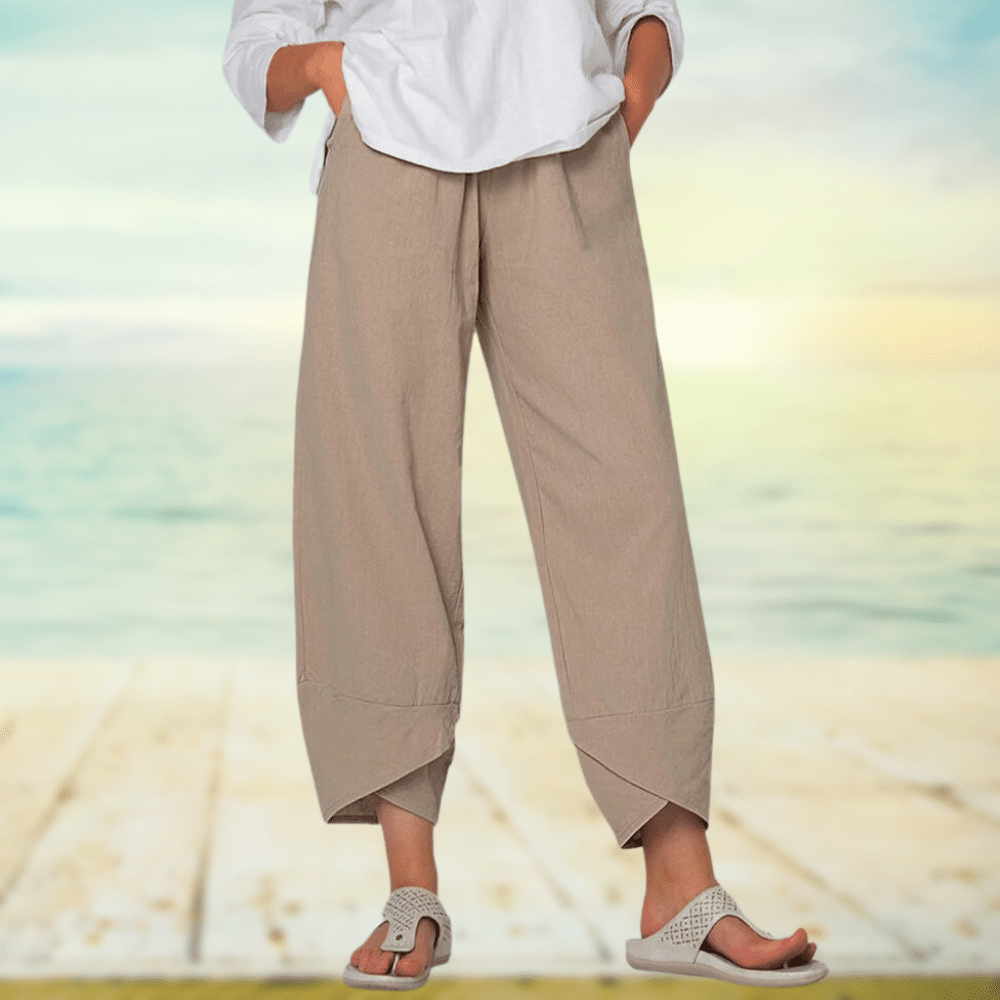 Light cotton trousers with elastic waistband – Mila-Khaki-S-Nora Luxe
