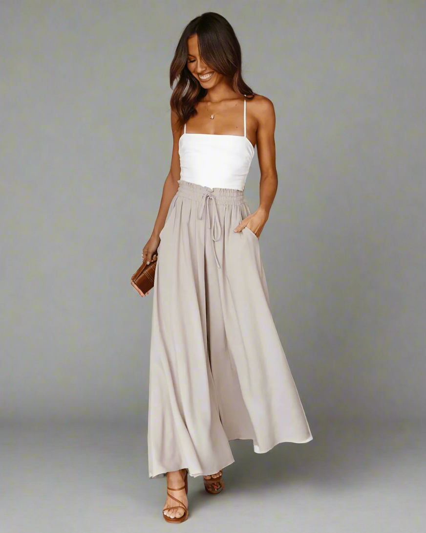 Light ladies' summer trousers with a high waist – Mira-Beige-S-The Livary