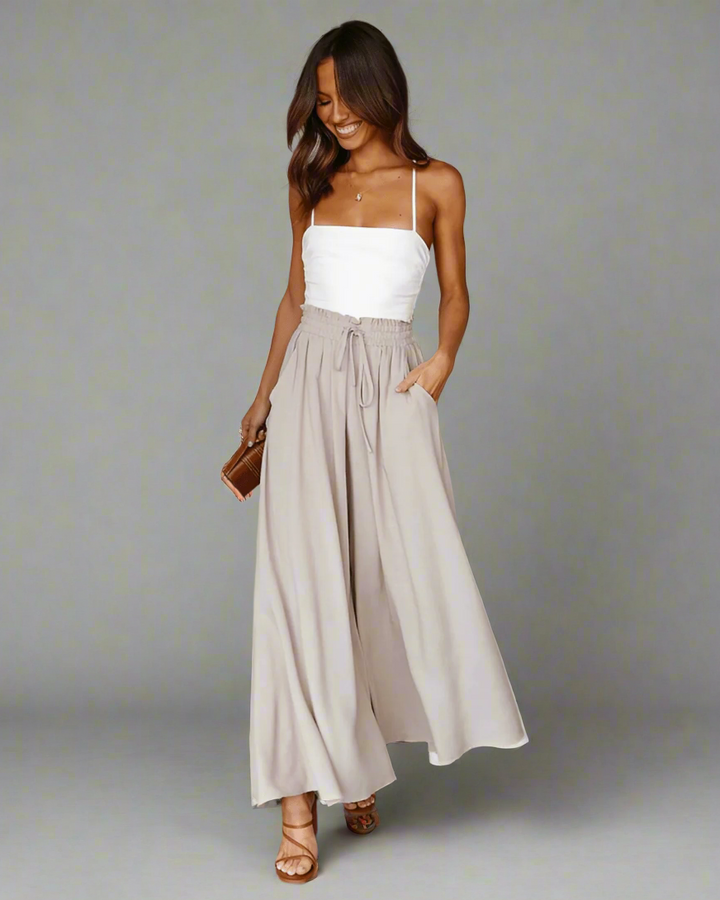 Light ladies' summer trousers with a high waist – Mira-Beige-S-The Livary