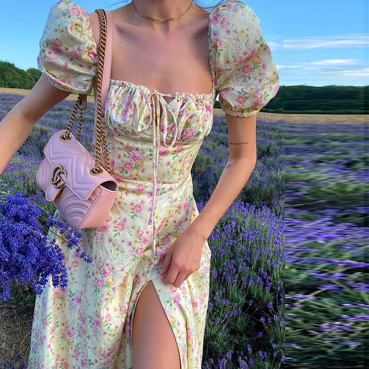 Light & Stylish Summer Dress with Floral Print and Puff Sleeves - Elina-S-Nora Luxe