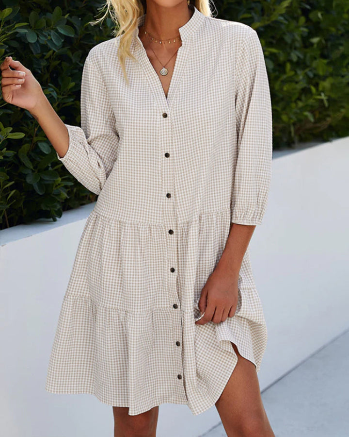 Light summer dress for women made of cotton with V-neck – Nayana-Khaki-S-Nora Luxe