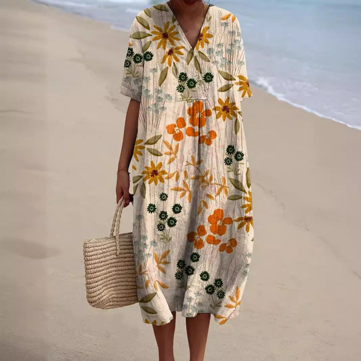 Light summer flower dress for women with V-neck and comfortable cut – Talia-Flowers-S-Nora Luxe