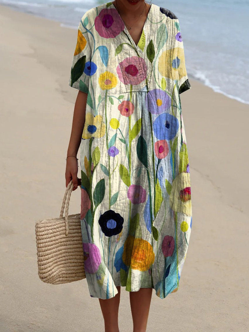 Light summer flower dress for women with V-neck and comfortable cut – Talia-Flowers-S-Nora Luxe