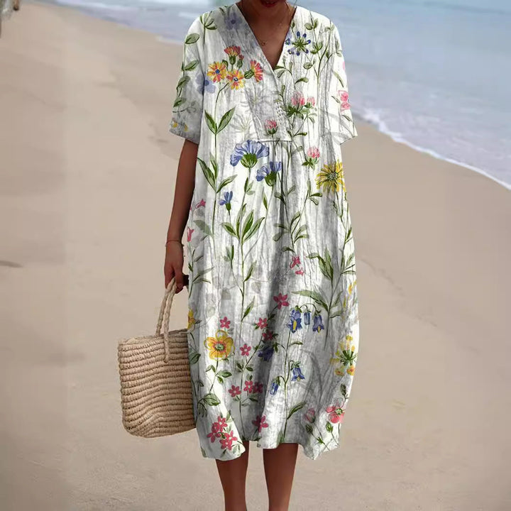 Light summer flower dress for women with V-neck and comfortable cut – Talia-White-S-Nora Luxe