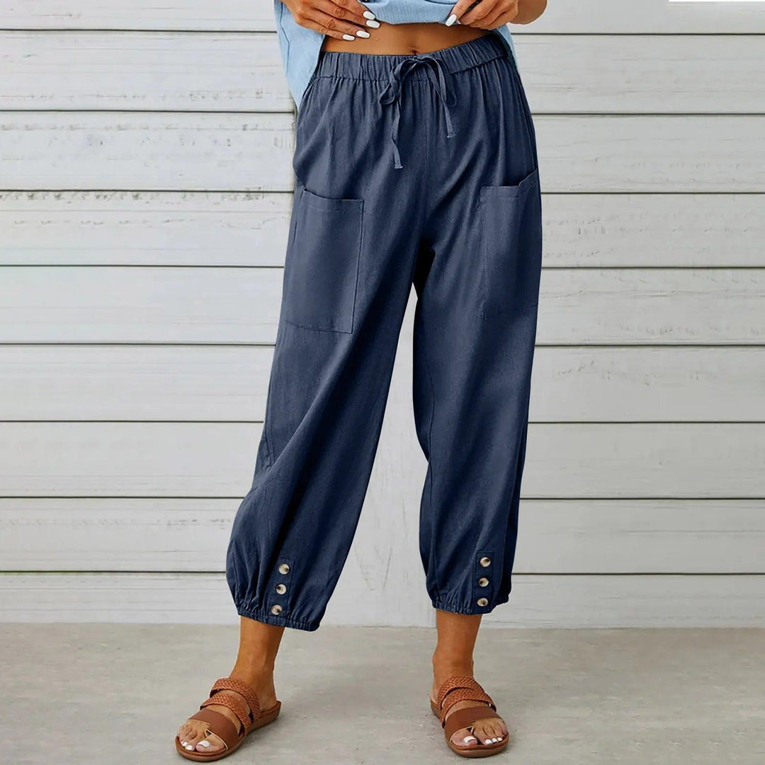 Light summer linen trousers with drawstring & wide cut – Mira-Blue-S-Nora Luxe