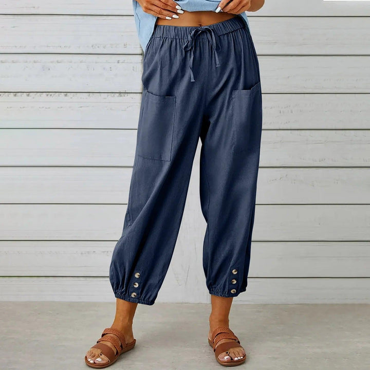 Light summer linen trousers with drawstring & wide cut – Mira-Blue-S-Nora Luxe