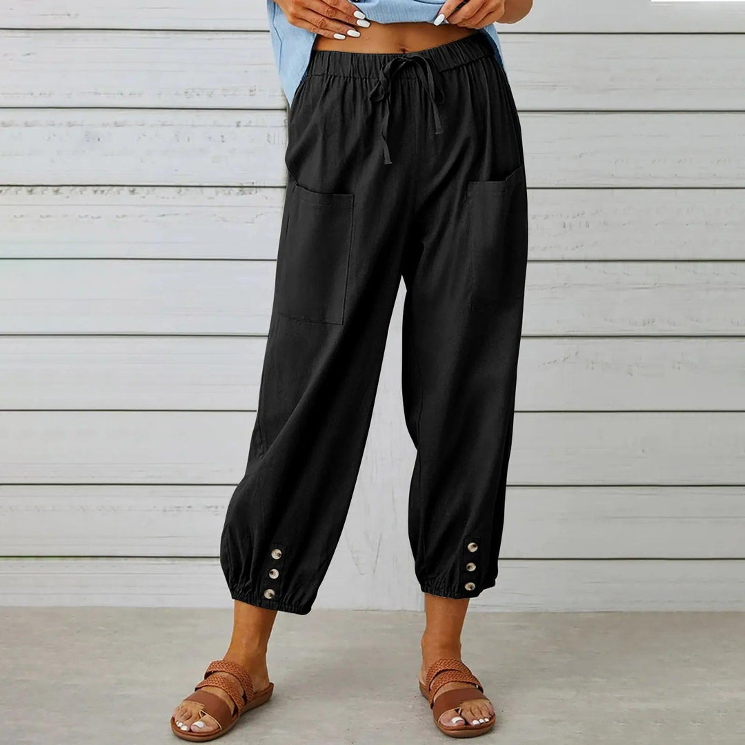 Light summer linen trousers with drawstring & wide cut – Mira-Dark gray-S-Nora Luxe