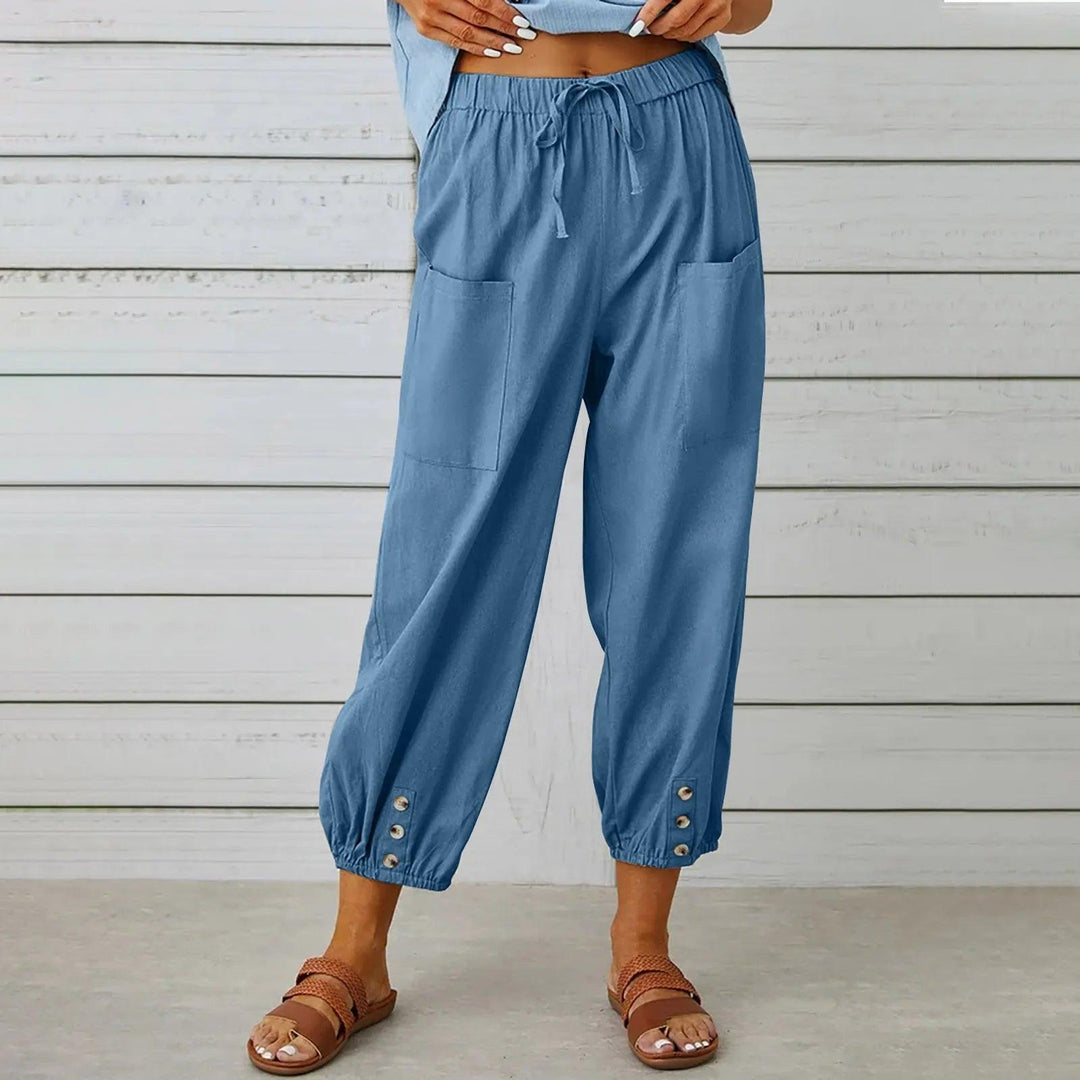 Light summer linen trousers with drawstring & wide cut – Mira-Denim blue-S-Nora Luxe
