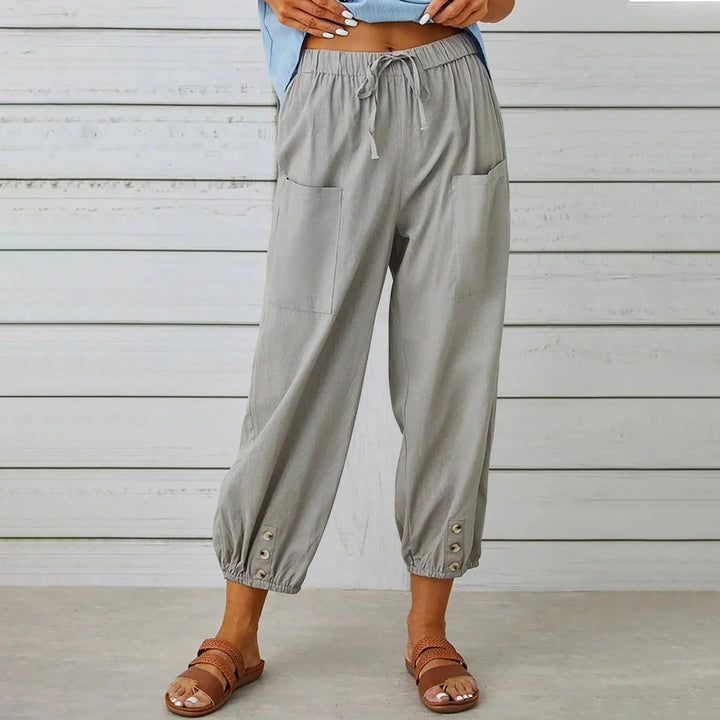Light summer linen trousers with drawstring & wide cut – Mira-Gray-S-Nora Luxe