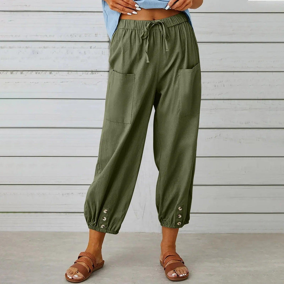 Light summer linen trousers with drawstring & wide cut – Mira-Green-S-Nora Luxe
