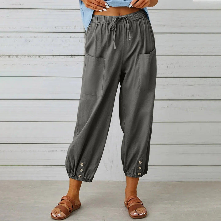 Light summer linen trousers with drawstring & wide cut – Mira-Khaki-S-Nora Luxe