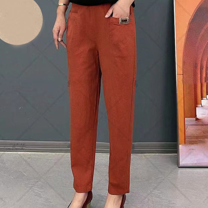 Light summer trousers made of cotton with stretch waistband – Linnea-Brick red-M-Nora Luxe