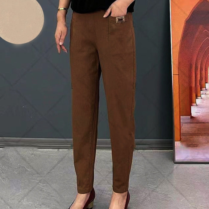 Light summer trousers made of cotton with stretch waistband – Linnea-Coffee brown-M-Nora Luxe