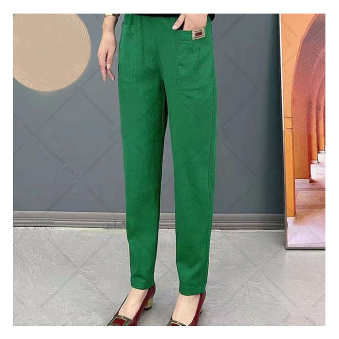 Light summer trousers made of cotton with stretch waistband – Linnea-Green-M-Nora Luxe