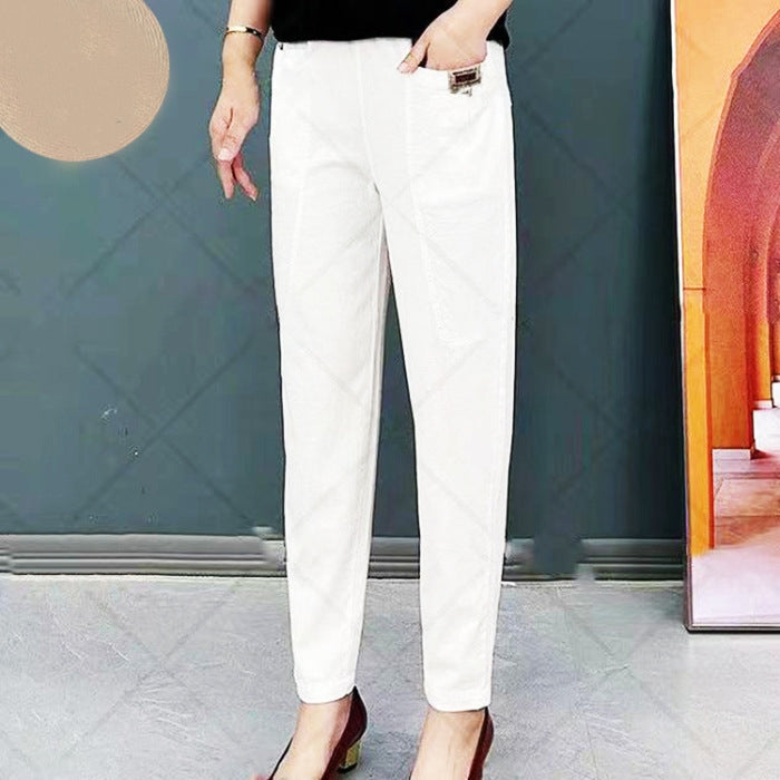 Light summer trousers made of cotton with stretch waistband – Linnea-White-M-Nora Luxe