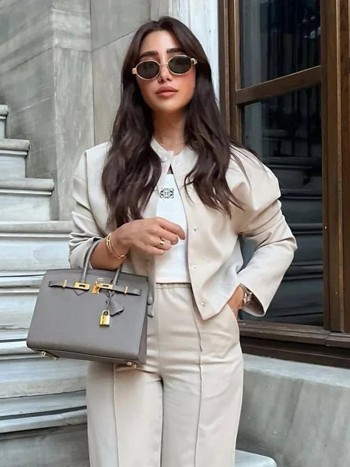 Light women's bomber jacket for summer – Casual chic with stand-up collar-Beige-S-The Livary