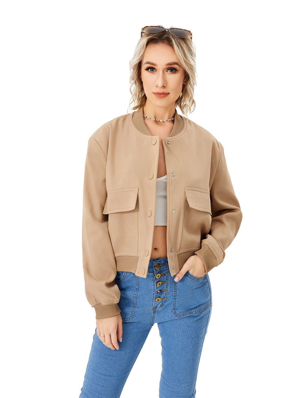 Light women's bomber jacket with button closure – Mira-Khaki-S-Nora Luxe