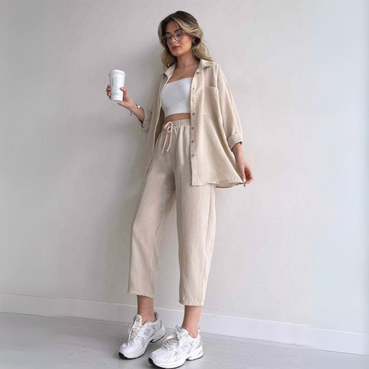 Light women's linen two-piece – Camille-Beige-S-Nora Luxe