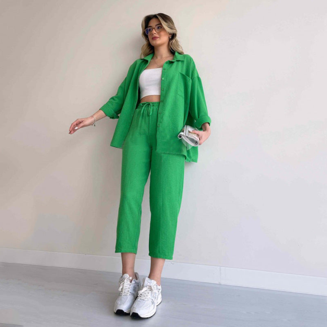 Light women's linen two-piece – Camille-Green-S-Nora Luxe