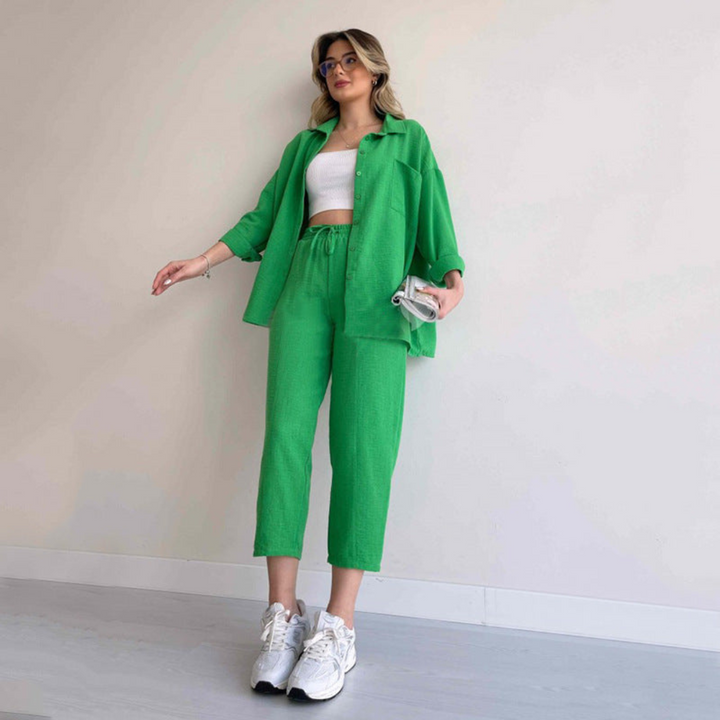 Light women's linen two-piece – Camille-Green-S-Nora Luxe