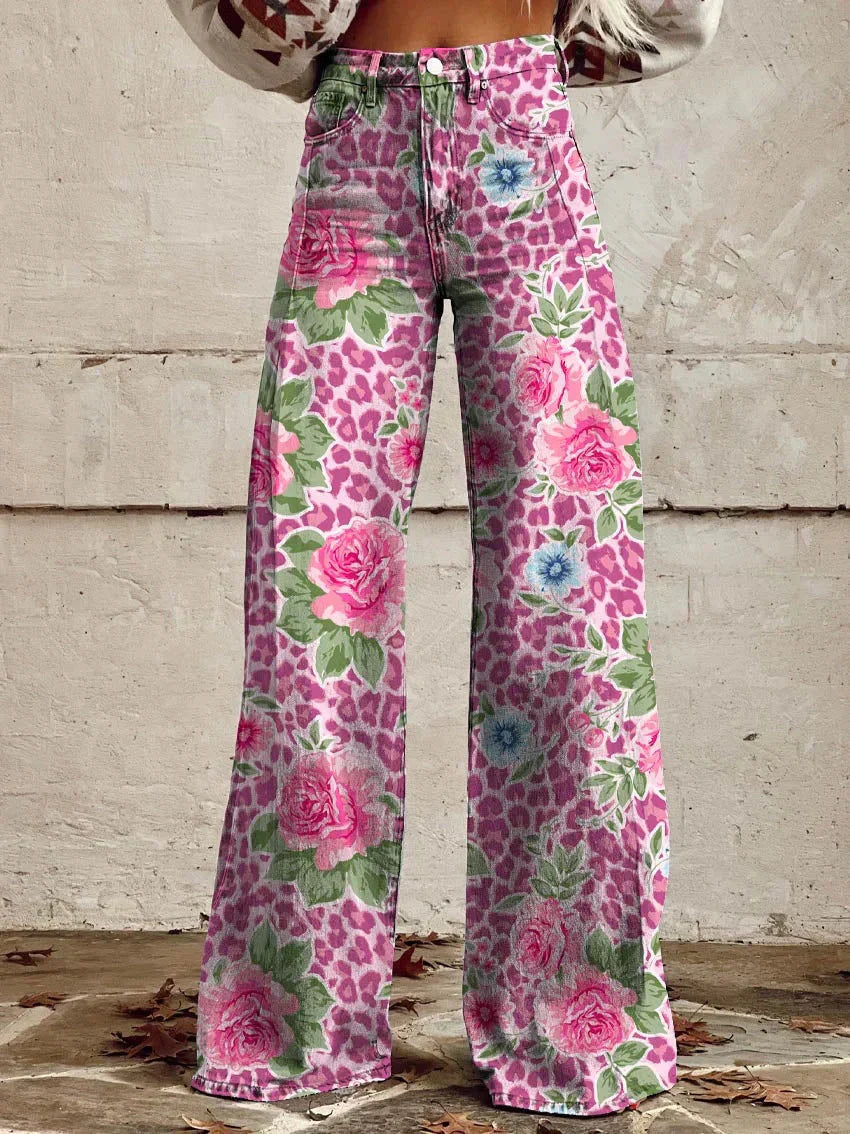 Lightweight Long Ladies Trousers - Lina-Pink Flowers-S-Nora Luxe