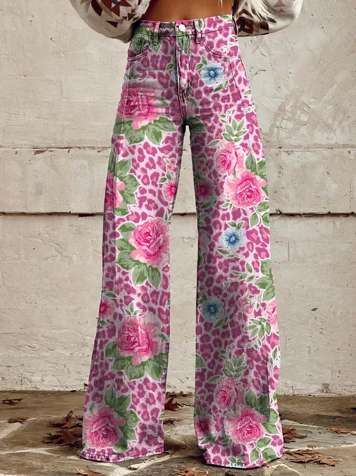 Lightweight Long Ladies Trousers - Lina-Pink Flowers-S-Nora Luxe