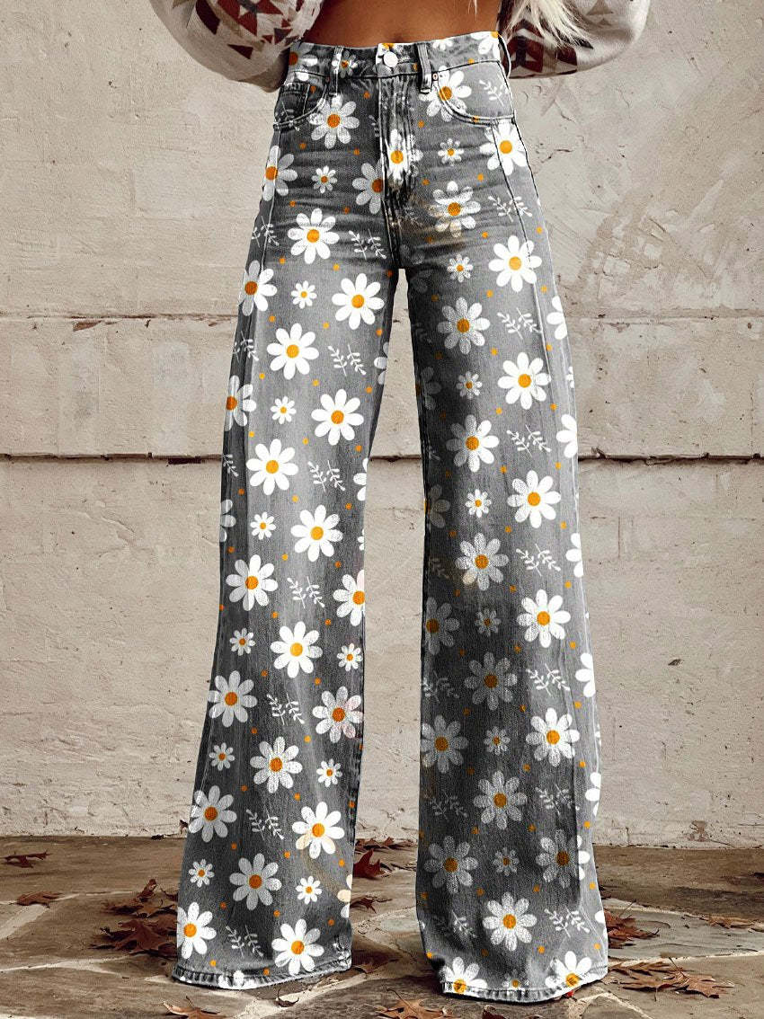 Lightweight Long Ladies Trousers - Lina-White Flowers-S-Nora Luxe