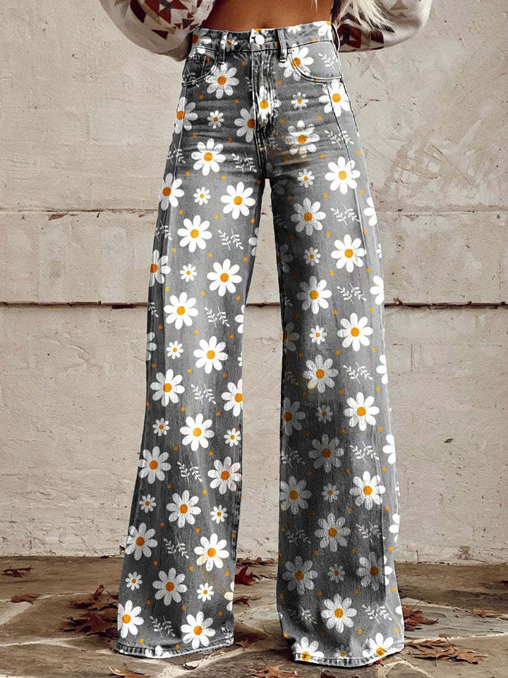 Lightweight Long Ladies Trousers - Lina-White Flowers-S-Nora Luxe