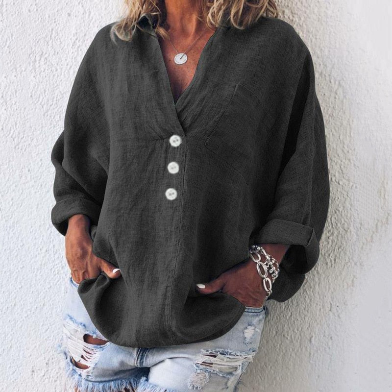 Lightweight women's linen blouse with button placket and V-neck – Elodie-Black-S-Nora Luxe