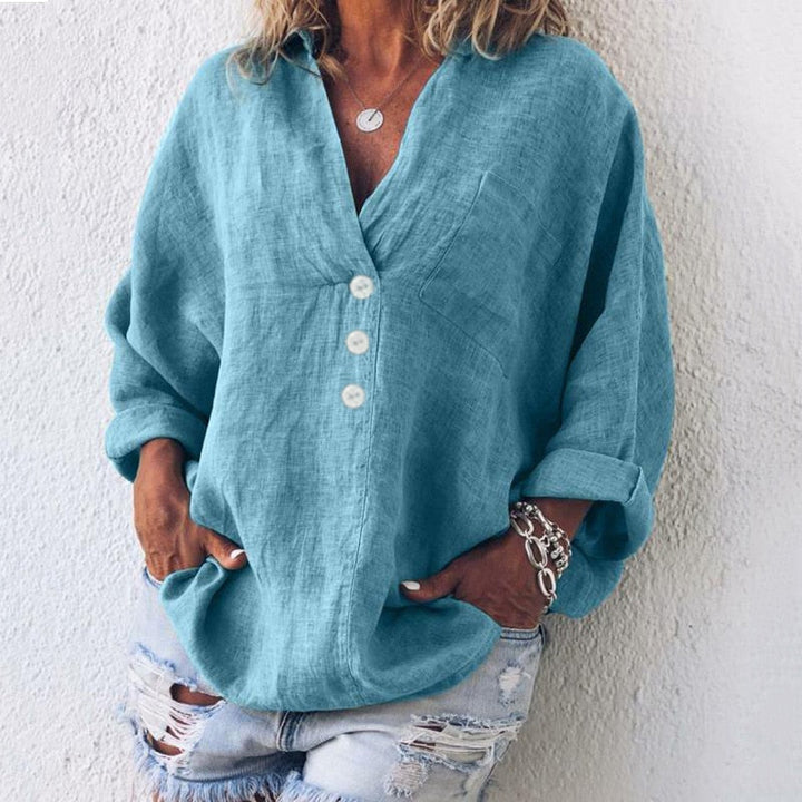 Lightweight women's linen blouse with button placket and V-neck – Elodie-Blue-S-Nora Luxe