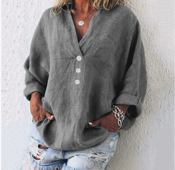 Lightweight women's linen blouse with button placket and V-neck – Elodie-Gray-S-Nora Luxe
